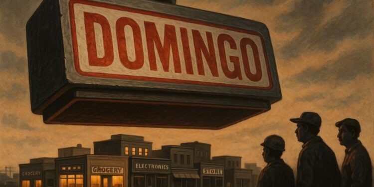 Trabalhadores ao lado de um carimbo de "domingo"