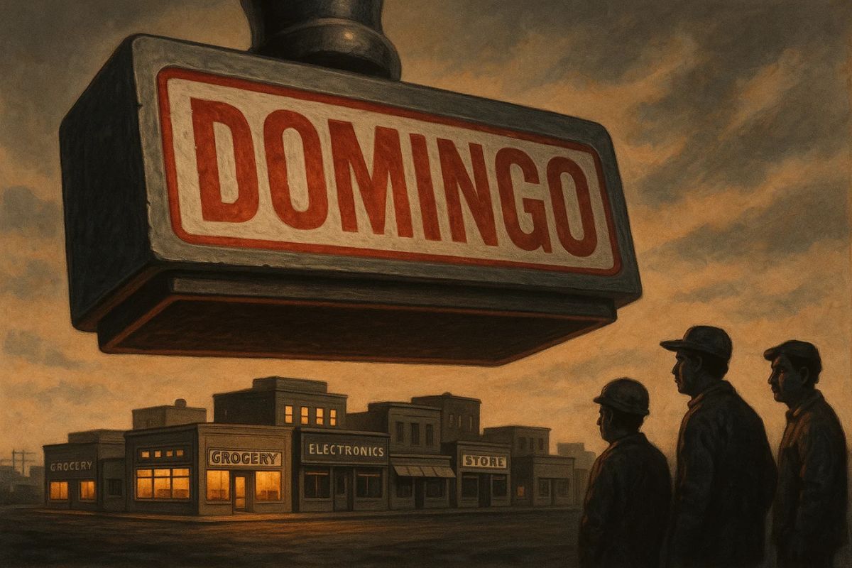 Trabalhadores ao lado de um carimbo de "domingo"