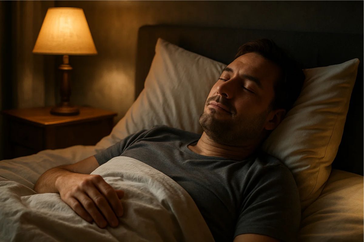 Um homem deitado que aprendeu a dormir bem