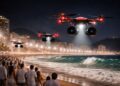Drones de bombeiros na praia com alto-falantes