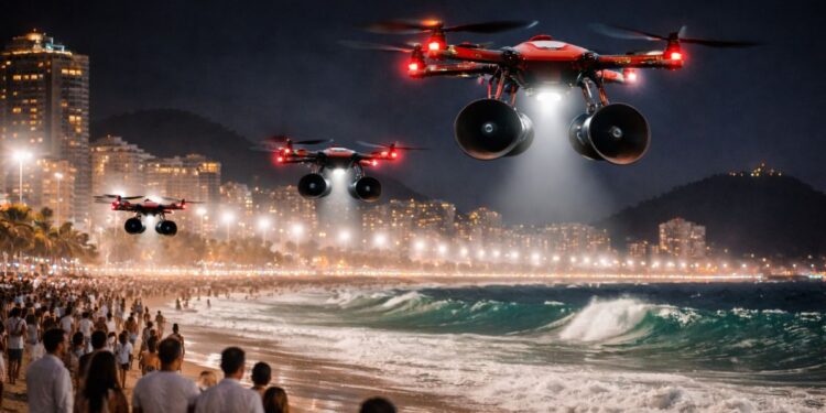 Drones de bombeiros na praia com alto-falantes