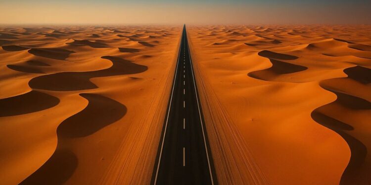 Imagem de uma estrada reta no meio do deserto