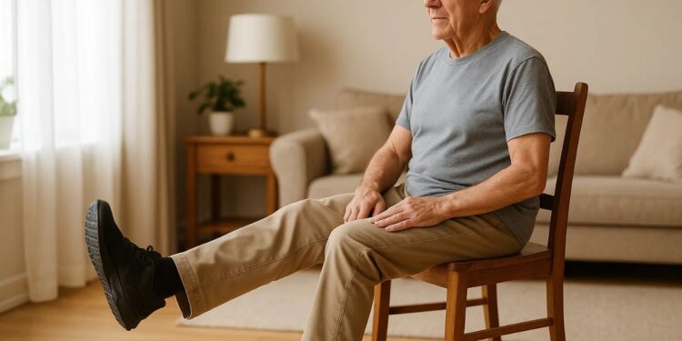 Um idoso praticando exercício sentado na cadeira em sua sala