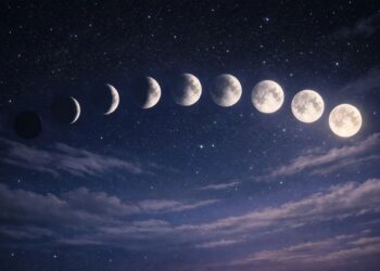 Imagem das diferentes fases da lua em cima do mar