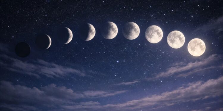 Imagem das diferentes fases da lua em cima do mar