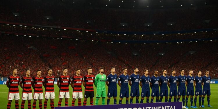 Time do Flamengo e do PSG no campo da Final da Copa Intercontinental