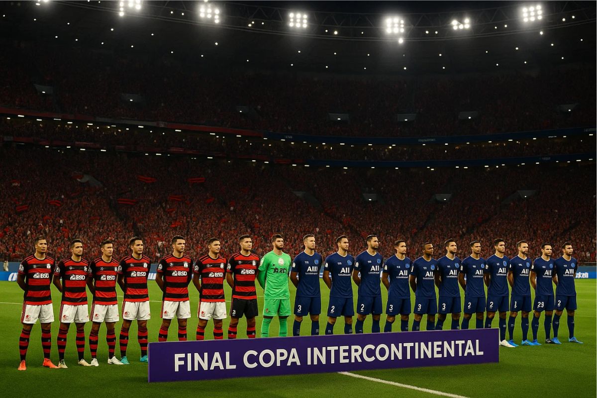 Time do Flamengo e do PSG no campo da Final da Copa Intercontinental