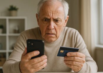 Um idoso com o celular e cartão na mão vendo que caiu em um golpe