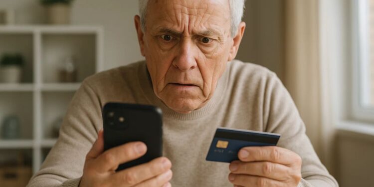 Um idoso com o celular e cartão na mão vendo que caiu em um golpe