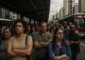 Passageiros na rua enquanto aguardam por conta da greve de ônibus