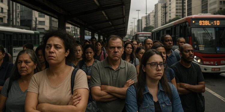 Passageiros na rua enquanto aguardam por conta da greve de ônibus