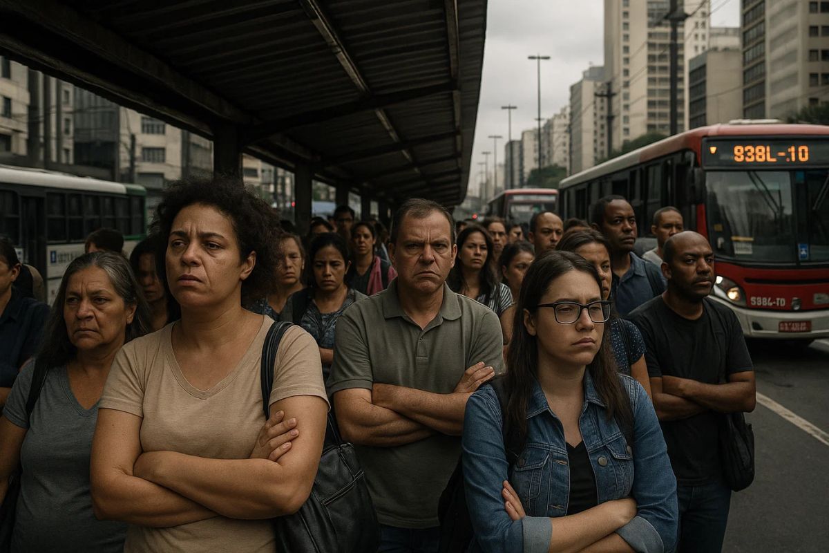 Passageiros na rua enquanto aguardam por conta da greve de ônibus