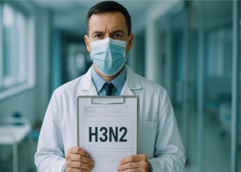 Um médico segurando uma plaquinha com H3N2