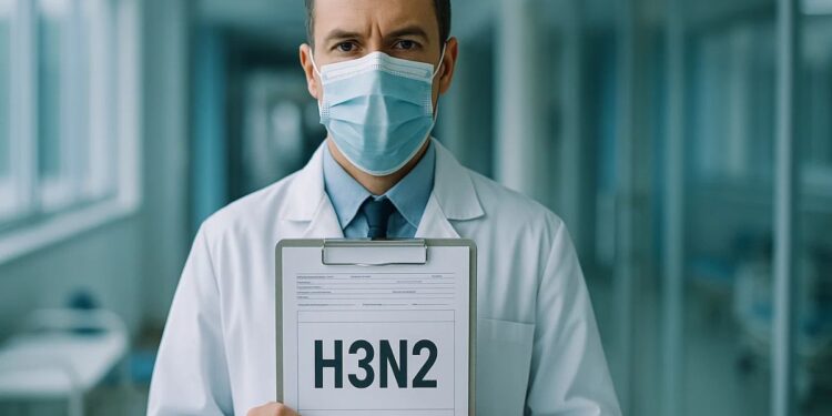 Um médico segurando uma plaquinha com H3N2