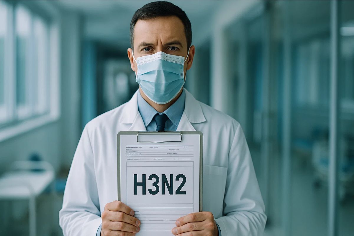 Um médico segurando uma plaquinha com H3N2