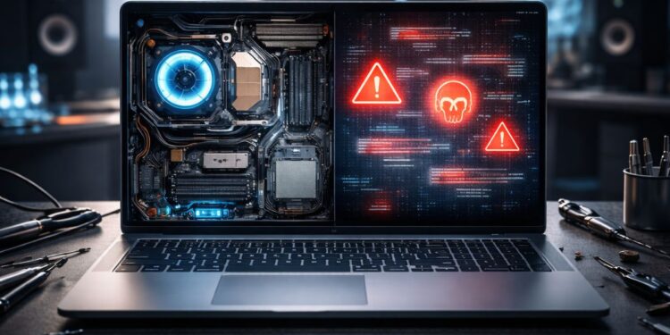 Hardware e software na tela do notebook