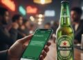 Uma garrafa de Heineken e uma pessoa mexendo no WhatsApp
