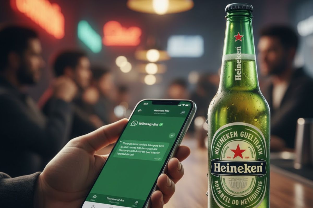 Uma garrafa de Heineken e uma pessoa mexendo no WhatsApp