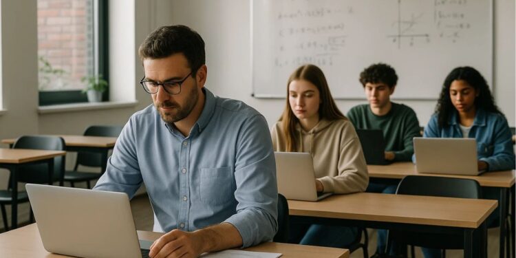 Professores e estudantes usando IA na escola
