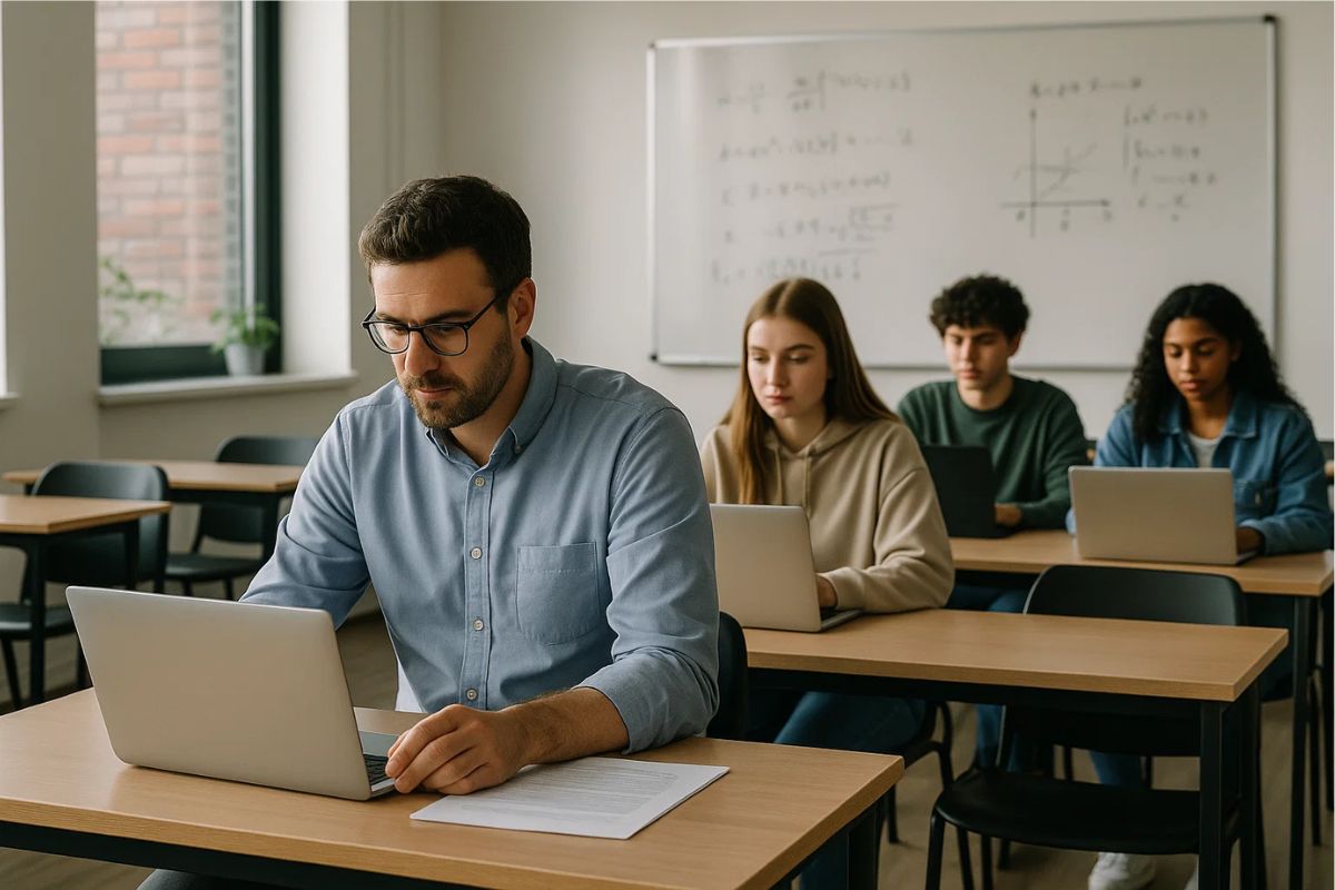 Professores e estudantes usando IA na escola