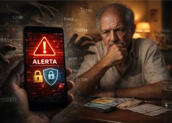 Um senhor pensativo, há uma tela de celular com mensagem de alerta para golpe