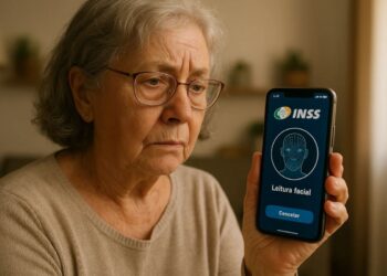 Uma senhora com a tela para registro da biometria por reconhecimento facial no celular