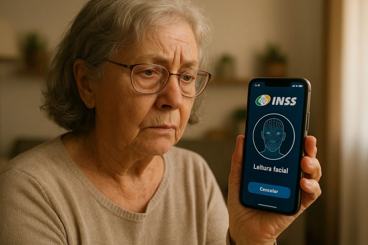 Uma senhora com a tela para registro da biometria por reconhecimento facial no celular