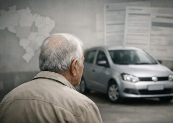 Um idoso olhando para seu carro, em uma ilustração de quem é isento ao IPVA