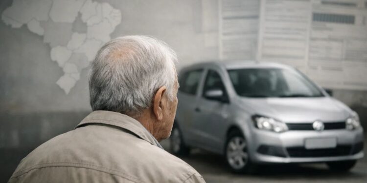 Um idoso olhando para seu carro, em uma ilustração de quem é isento ao IPVA