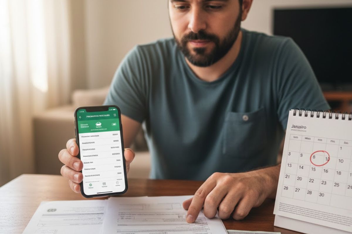 Um motorista organizando os documentos para pagar o IPVA 2026