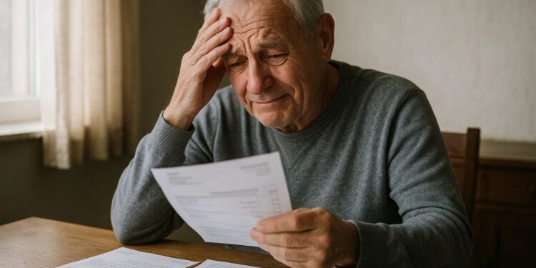 Idoso com uma conta na mão, leva outra mão à cabeça