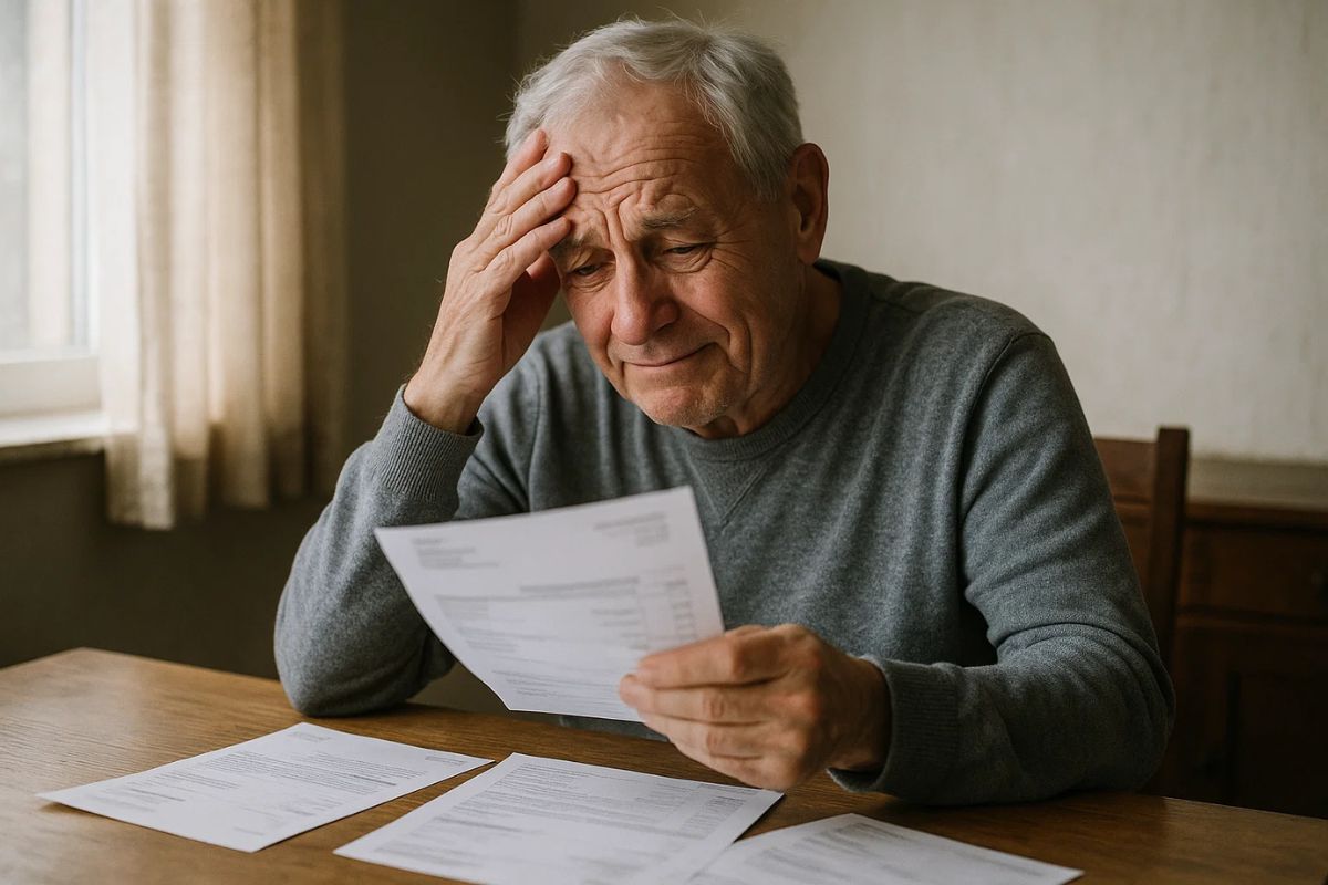 Idoso com uma conta na mão, leva outra mão à cabeça