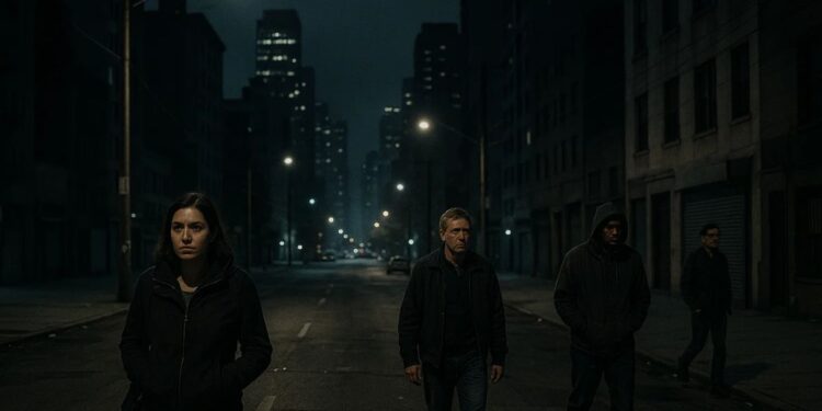 Pessoas andando com insegurança na rua da cidade à noite