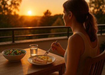 Uma pessoa sentada na varanda durante seu Jantar no verão