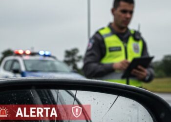 Um guarda vindo em direção ao carro para aplicar a multa da Lei do retrovisor