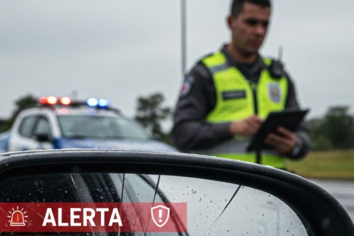 Um guarda vindo em direção ao carro para aplicar a multa da Lei do retrovisor