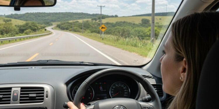 Uma mulher dirigindo seu carro atenta à lei do farol