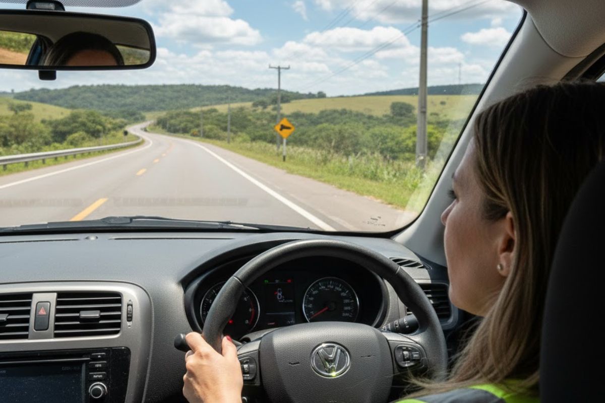 Uma mulher dirigindo seu carro atenta à lei do farol