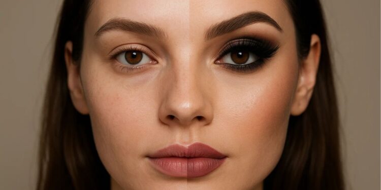 Uma mulher com maquiagem e sem também: meio a meio