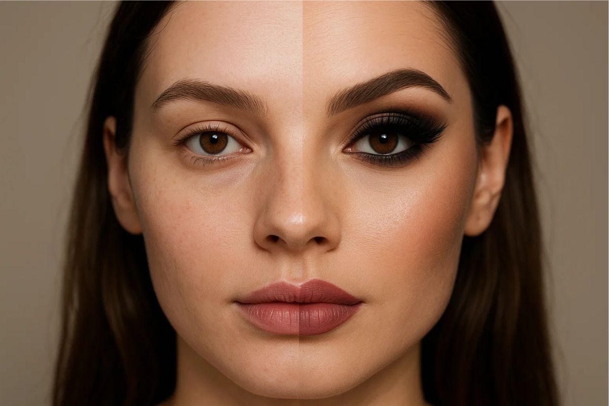 Uma mulher com maquiagem e sem também: meio a meio