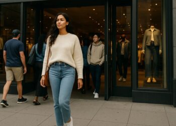 Uma mulher em frente a uma loja de marca que renasceu