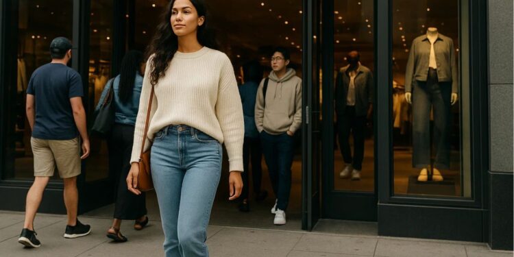 Uma mulher em frente a uma loja de marca que renasceu