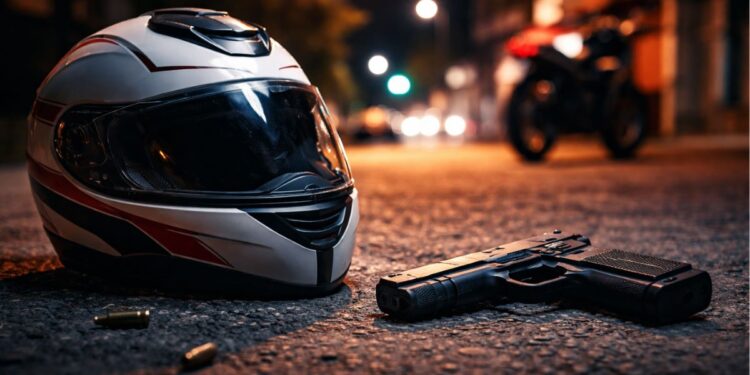 Capacete de um motoboy ao lado de uma arma no chão