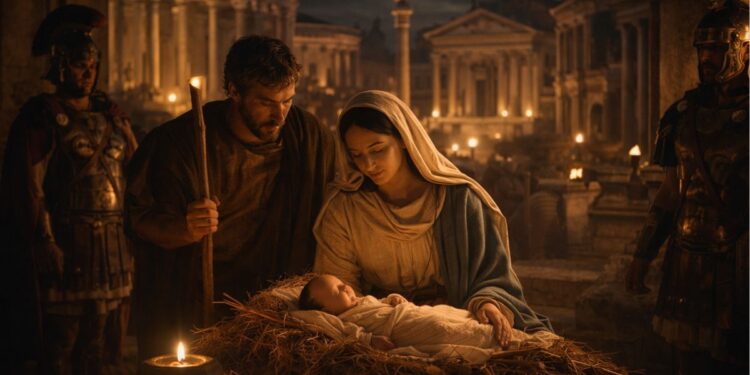 Cena do nascimento de Jesus representando a comemoração do Natal no dia 25 de dezembro