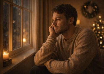Um homem olhando para a janela passando o natal sozinho