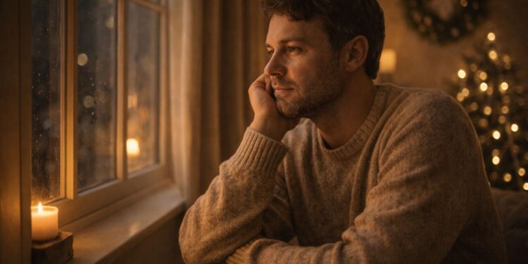 Um homem olhando para a janela passando o natal sozinho