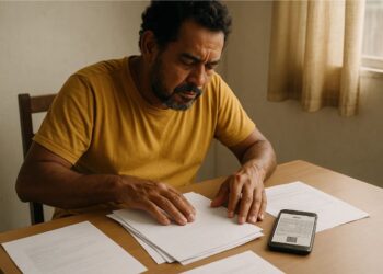 Um trabalhador na mesa com documentos para emitir nota fiscal