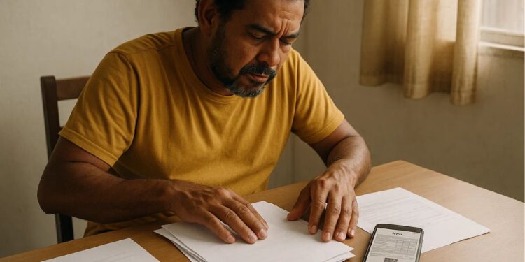 Um trabalhador na mesa com documentos para emitir nota fiscal