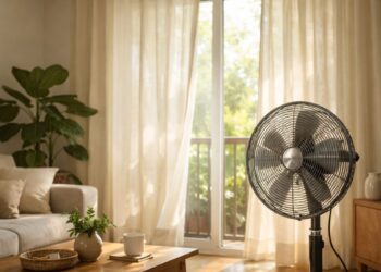 Uma sala com ventilador e preparada para ondas de calor