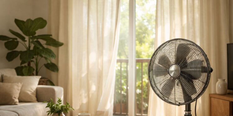 Uma sala com ventilador e preparada para ondas de calor